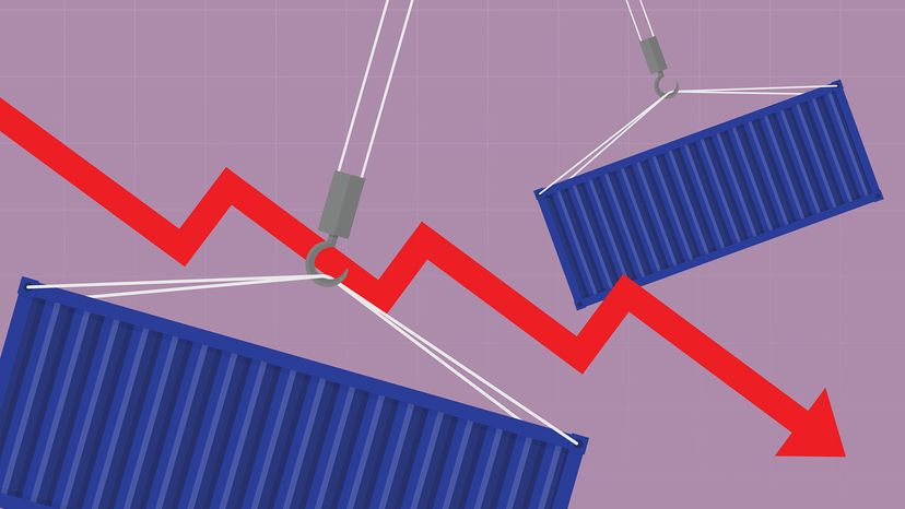 shipping containers and downward red arrow